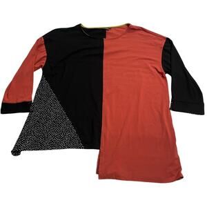 Lisa Bayne Asymmetrical Blouse Mixed Media Lagenlook Womens Large Orange Stretch